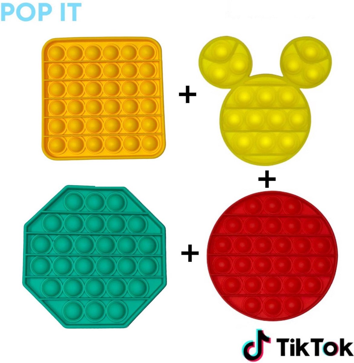 Pop it fidget toys (pakket) Set: van 4 Vierkant Geel + Rond Rood + Micky mouse Geel + Achthoek Groen | Tiktok trend | Bubbel pop | Educatief | Anti stress | Stressknopjes | Voor meisjes √ jongens √ volwassenen | Verjaardag cadeau